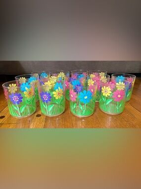 Retro 70s Vtg Drinking Tumblers Glasses  Floating Flower Summer Set-13 Poolside